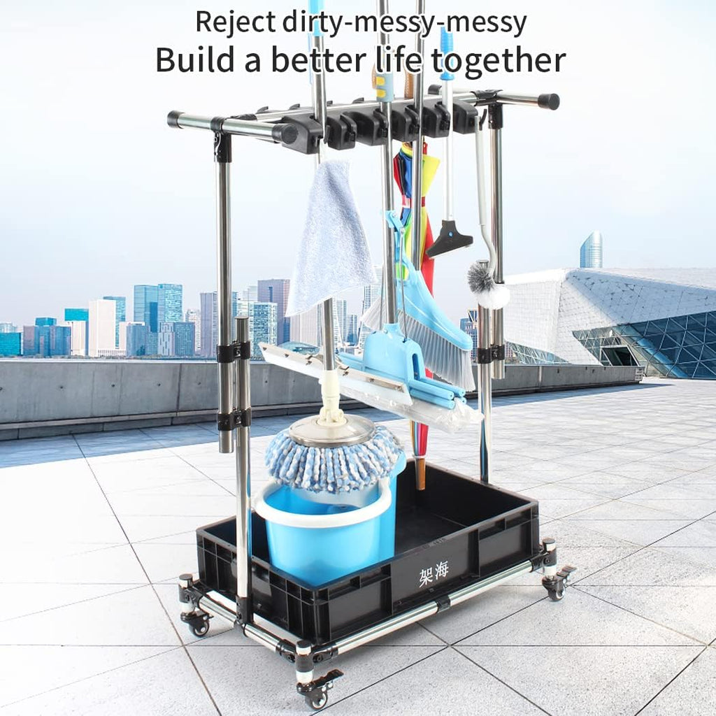 Stainless Steel Adjustable Height Broom and Mop Rack Storage Rack I798197