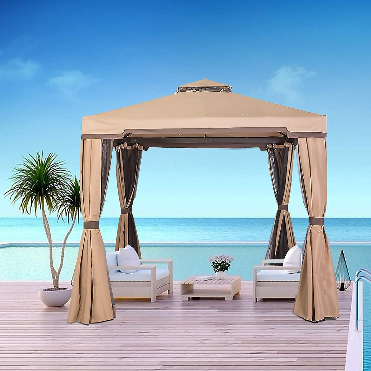 Beige 10 x 10 FT Outdoor Patio Gazebo with Mosquito Netting W12386