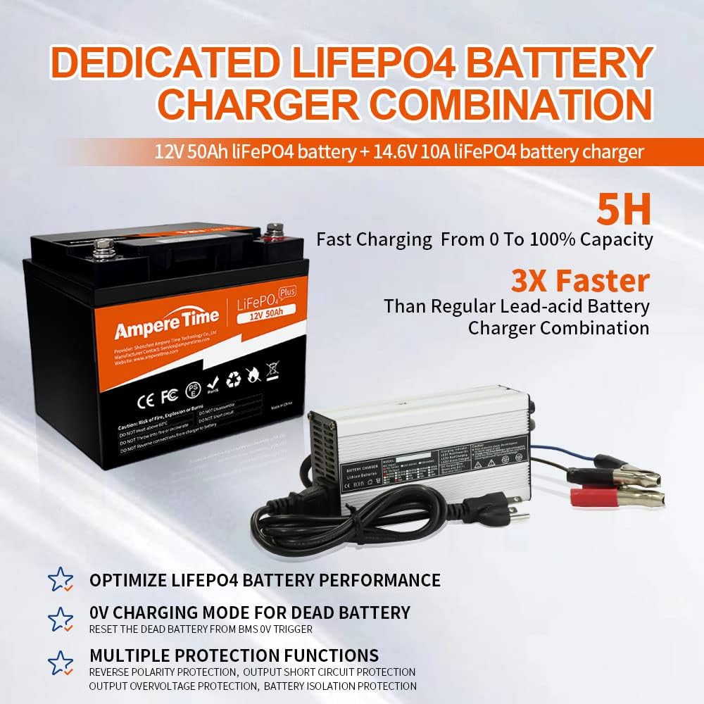 12V 50Ah LiFePO4 Battery with 14.6V 10A Lithium Battery Charger, 50A BMS W889507