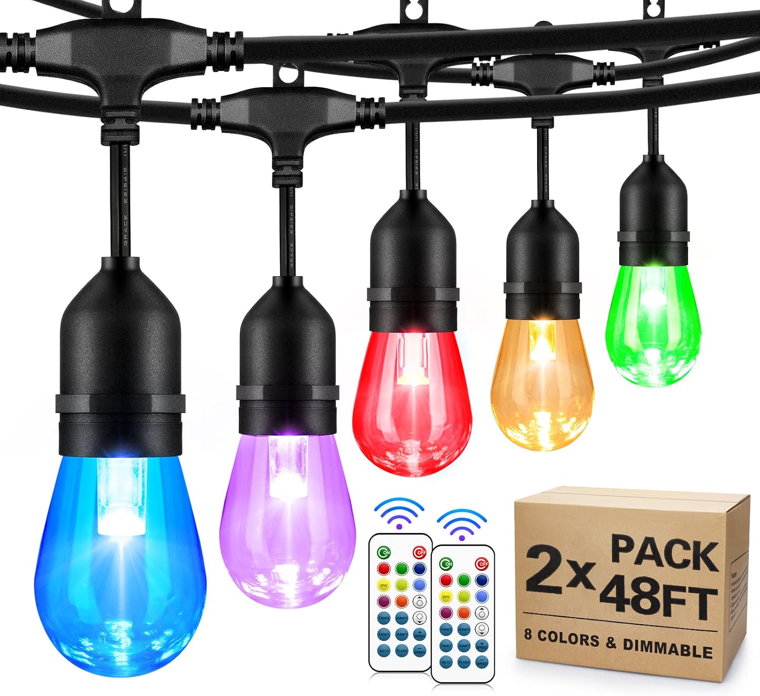 2-Pack 48FT Outdoor RGB String Lights with 30+5 E26 Shatterproof Edison Bulb Dimmable J90602