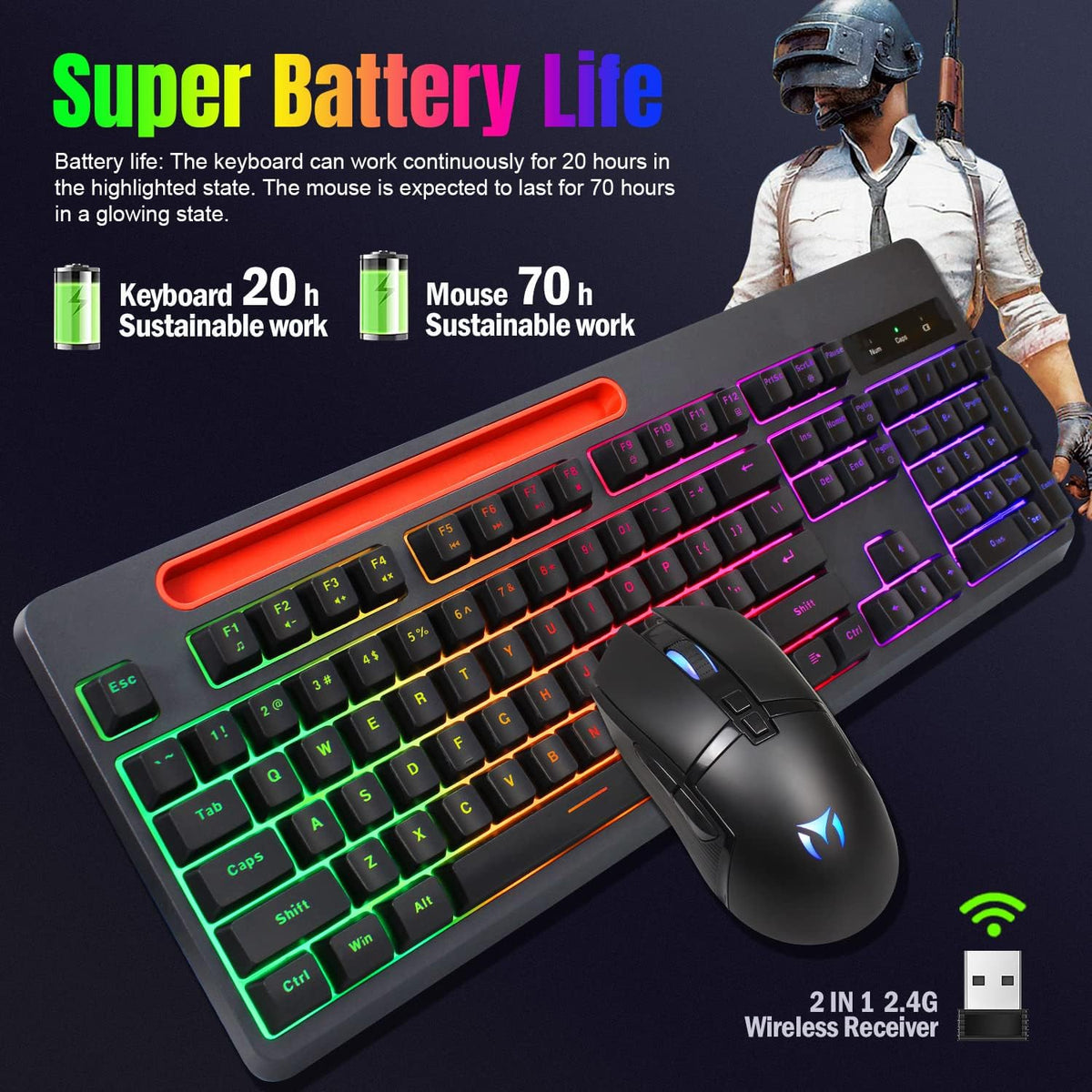 Wireless Gaming Keyboard and Mouse Combo, Rainbow Backlit Mechanical Feel, Anti-ghosting, Ergonomic Design, Tablet/Phone Bracket, Long Battery Life, Pack of 2 X6389