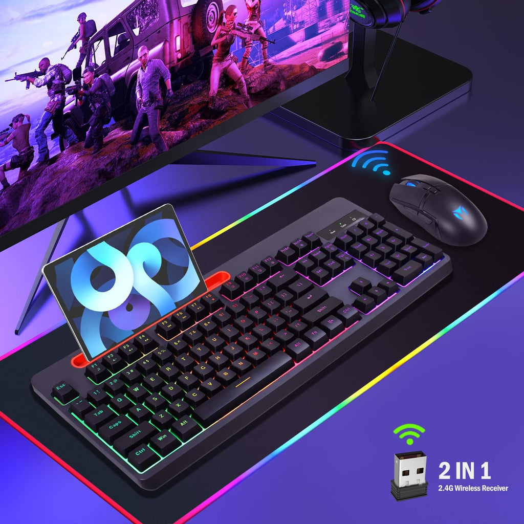 Wireless Gaming Keyboard and Mouse Combo, Rainbow Backlit Mechanical Feel, Anti-ghosting, Ergonomic Design, Tablet/Phone Bracket, Long Battery Life, Pack of 2 X6389