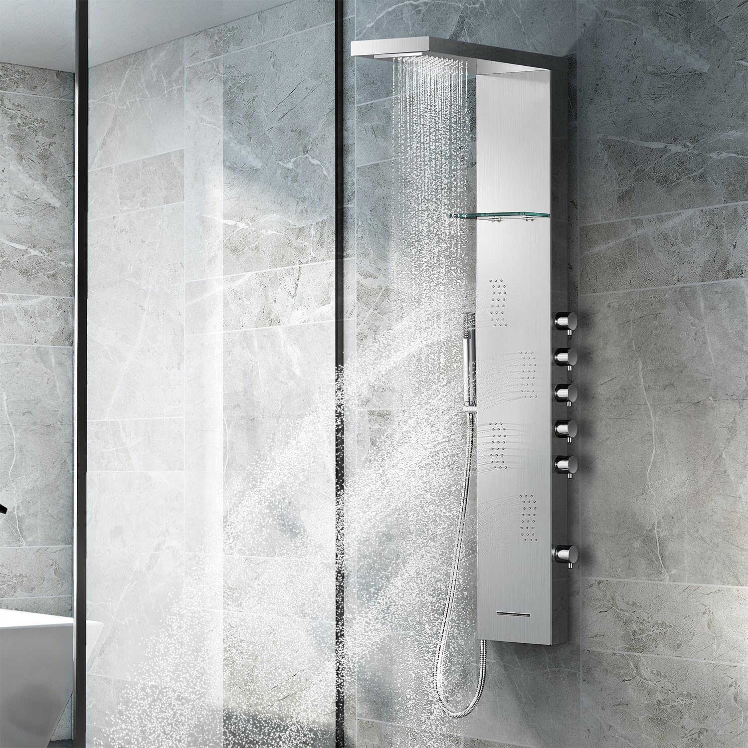 Brushed Nickle Stainless Steel Shower Panel Tower System with Rainfall Shower Head, 4 Body Jets, Waterfall Tub Spout A226