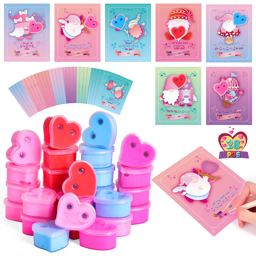 28Pcs Valentine Heart Butter Slime with Gnome Cards L84732