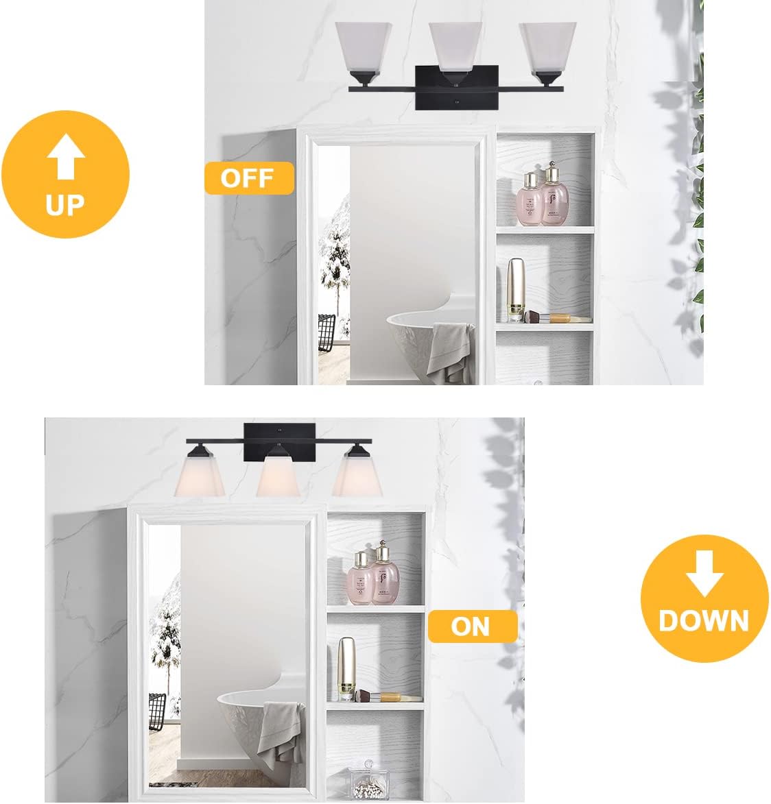 3 Light Black Bathroom Vanity Light Fixture with Opal White Glass Shade H6042