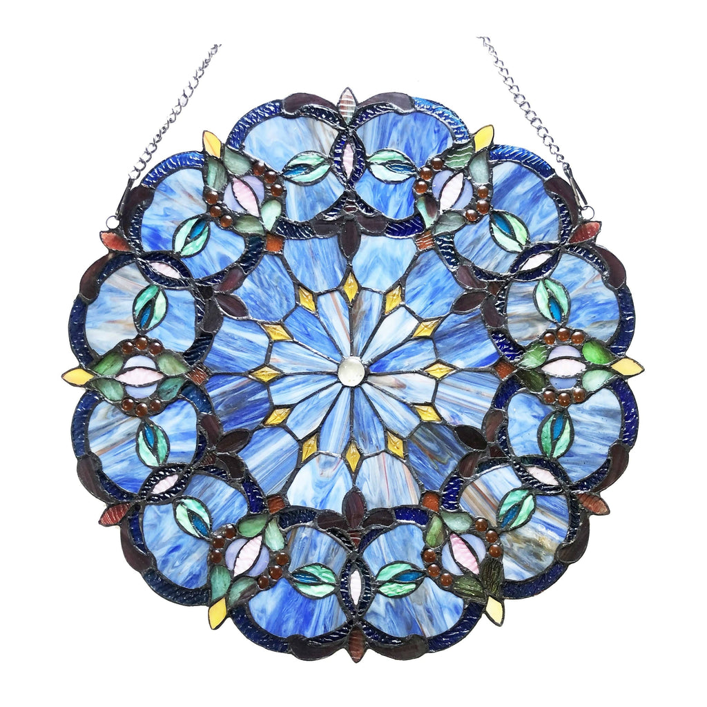 Blue Glass Window Panel Suncatcher with Multicolored Accents J2013
