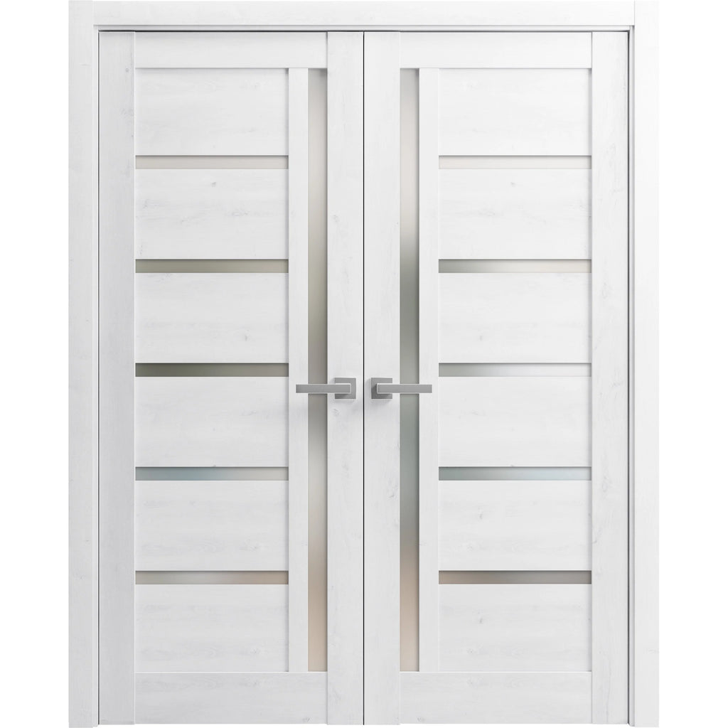 Solid French Double Doors 64 x 96 inches with Frosted Glass Wood Solid Panel Frame Trims E187721