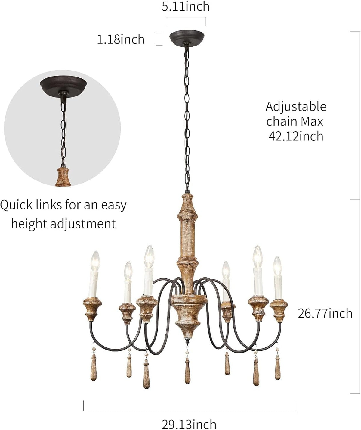 French Country 6-Lights Handmade White Distressed Wood Chandelier D215