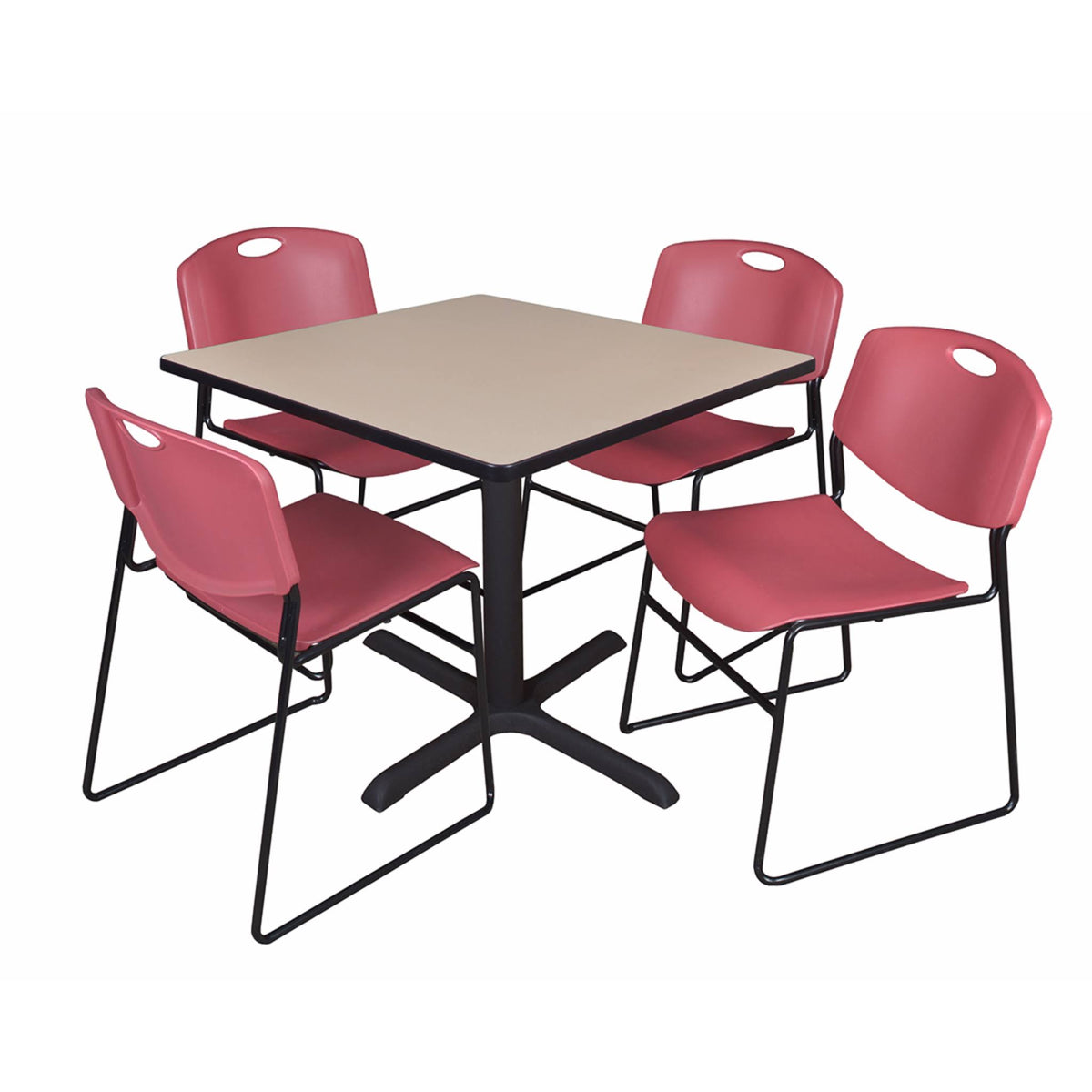 Beige Square Breakroom Table with 4 Black Stack Chairs O6618