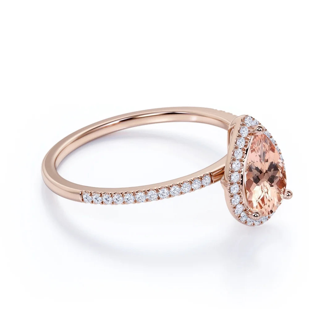 1.75 Carat Pear Cut Lab Created Morganite and Moissanite Halo Engagement Ring in 18K Rose Gold Plating over Silver H954297