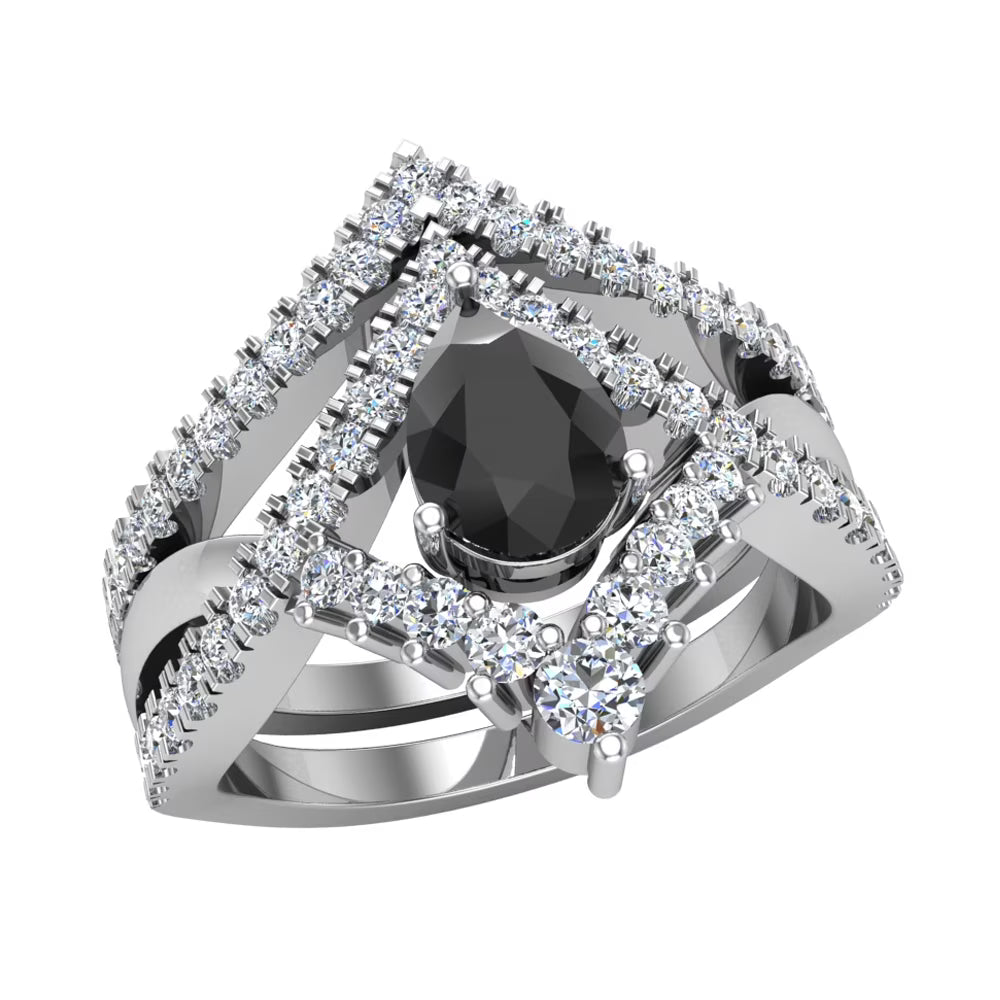 Pear Cut Black Diamond Wedding Ring Set 14K White Gold P392