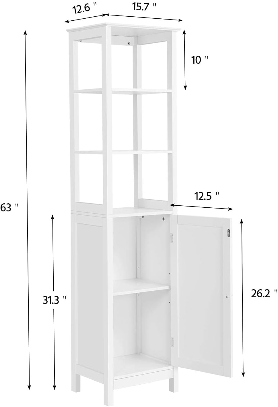 White 63 in Wooden Bathroom Floor Cabinet with 3 Tier Shelves V659