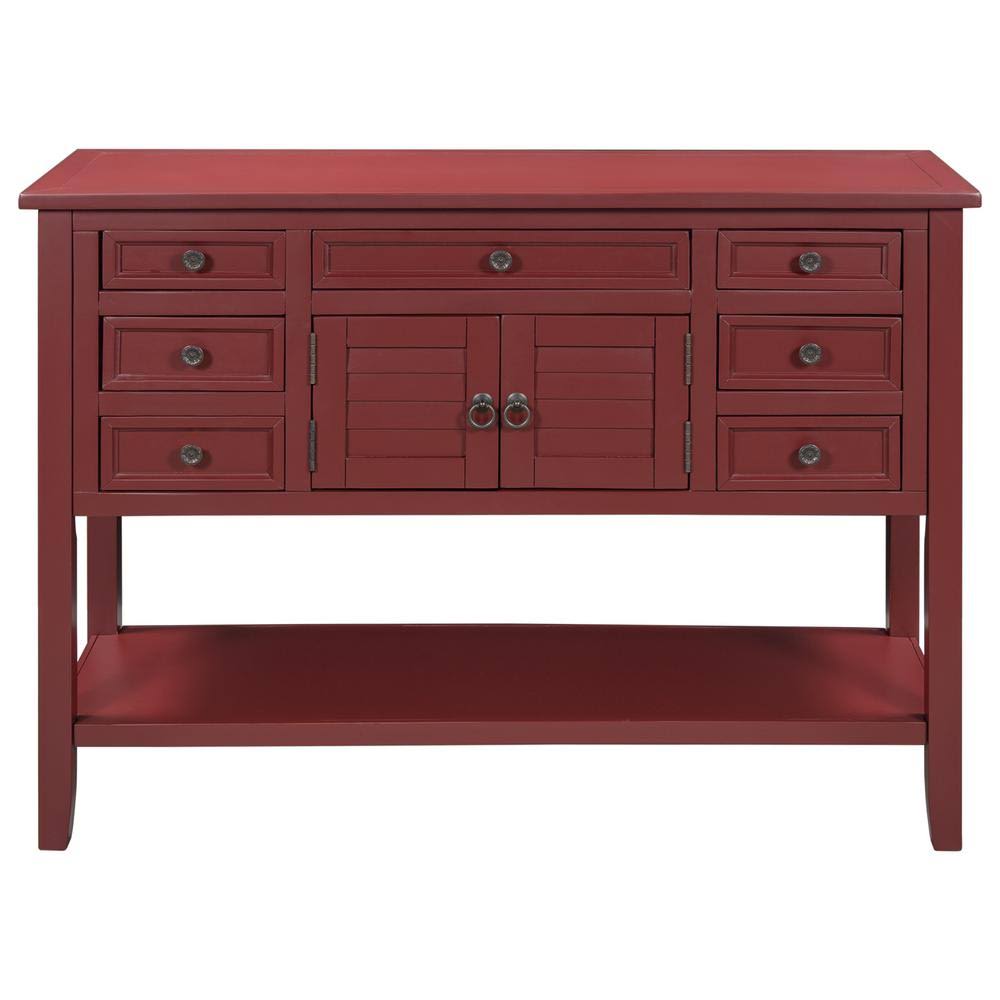 Red Rectangle Wooden Console Table with 7-Drawers, 1-Cabinet and 1-Shelf Y630648