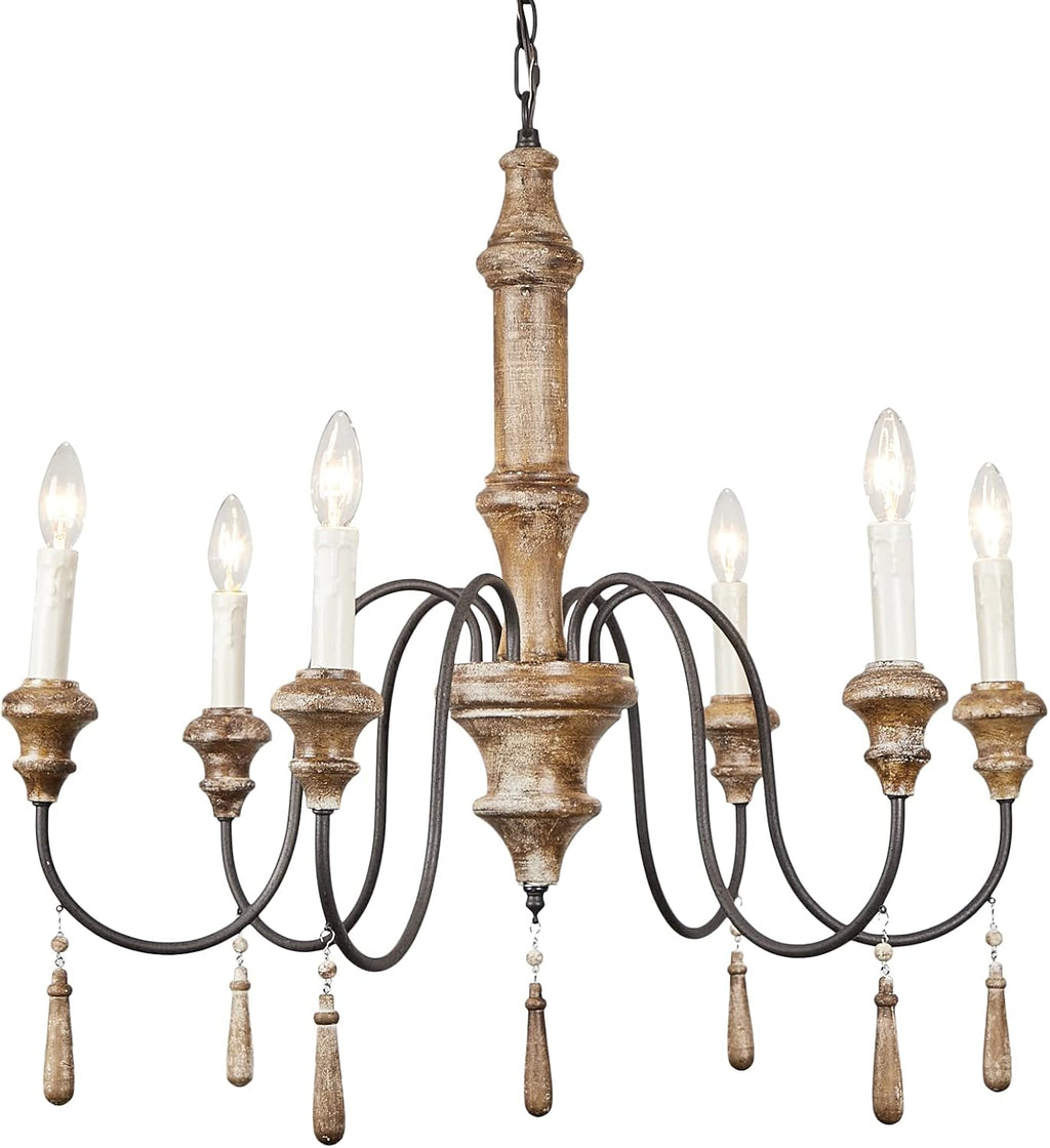 French Country 6-Lights Handmade White Distressed Wood Chandelier D215