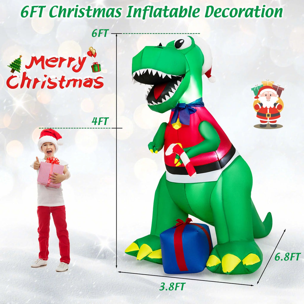 6FT Inflatable Christmas Dinosaur Decoration with LED Lights & Gift Box M74534