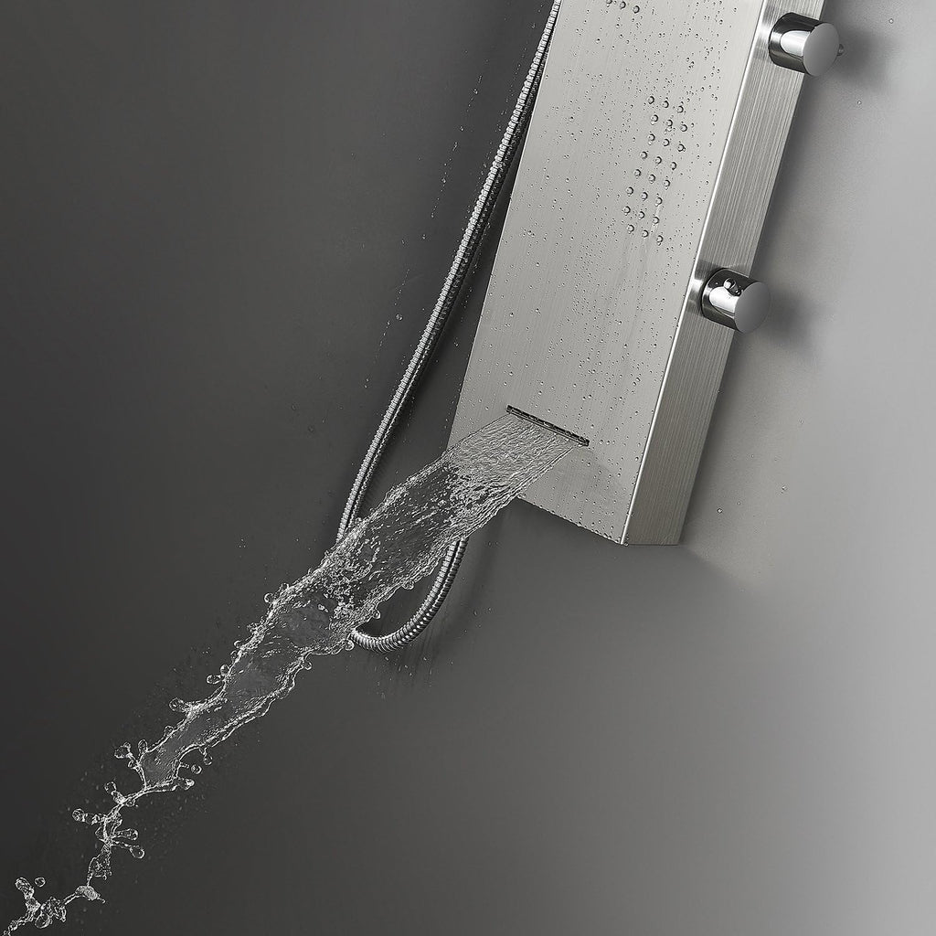 Brushed Nickle Stainless Steel Shower Panel Tower System with Rainfall Shower Head, 4 Body Jets, Waterfall Tub Spout A226