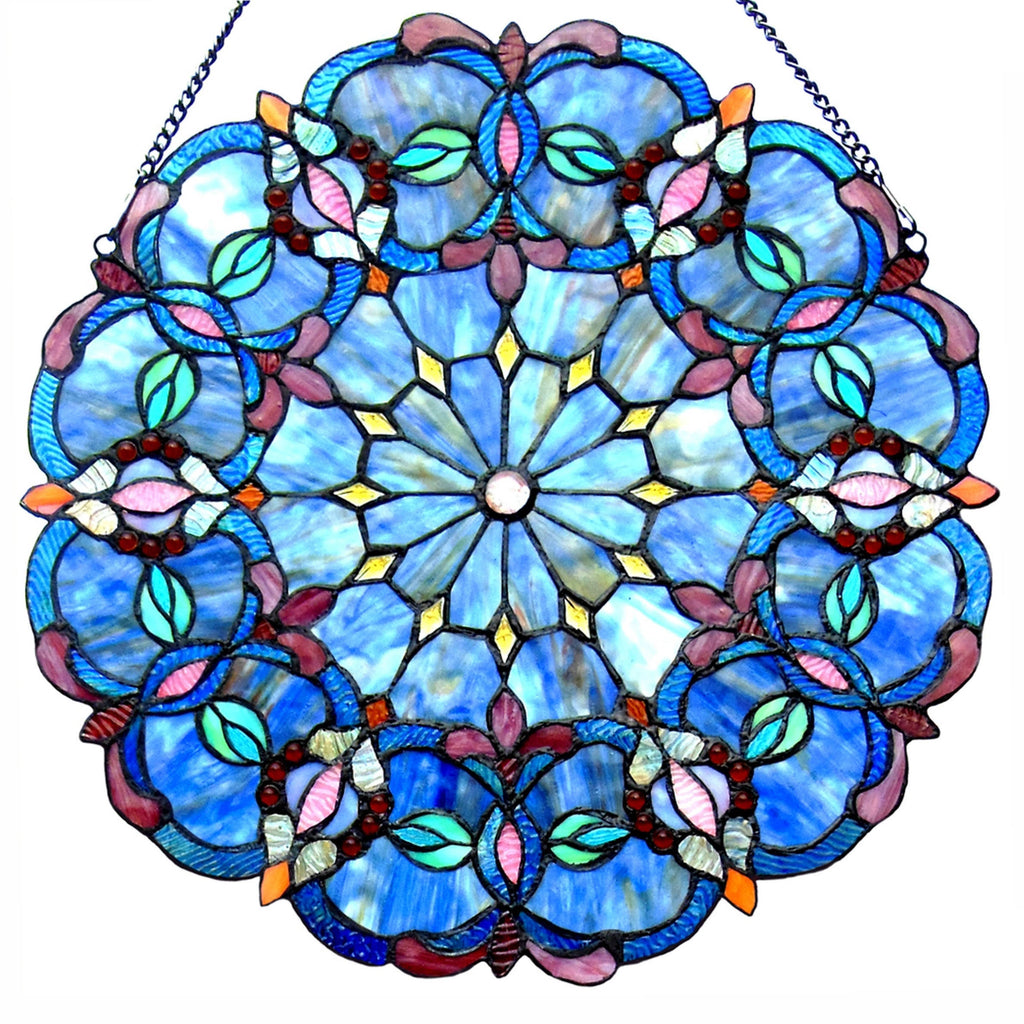 Blue Glass Window Panel Suncatcher with Multicolored Accents J2013