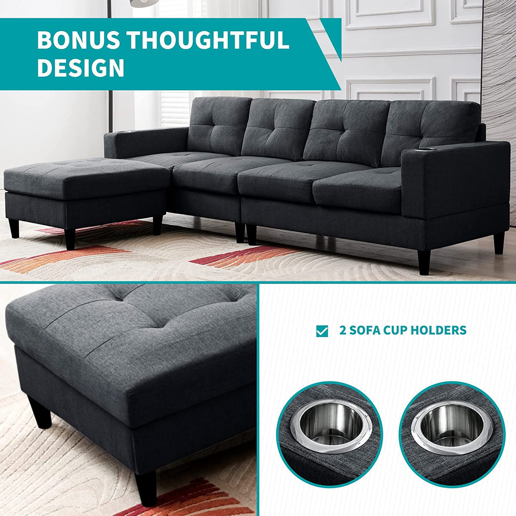 Reversible 4 Seat L-Shape Sectional Sofa with 2 Cup Holders, Dark Grey R586908