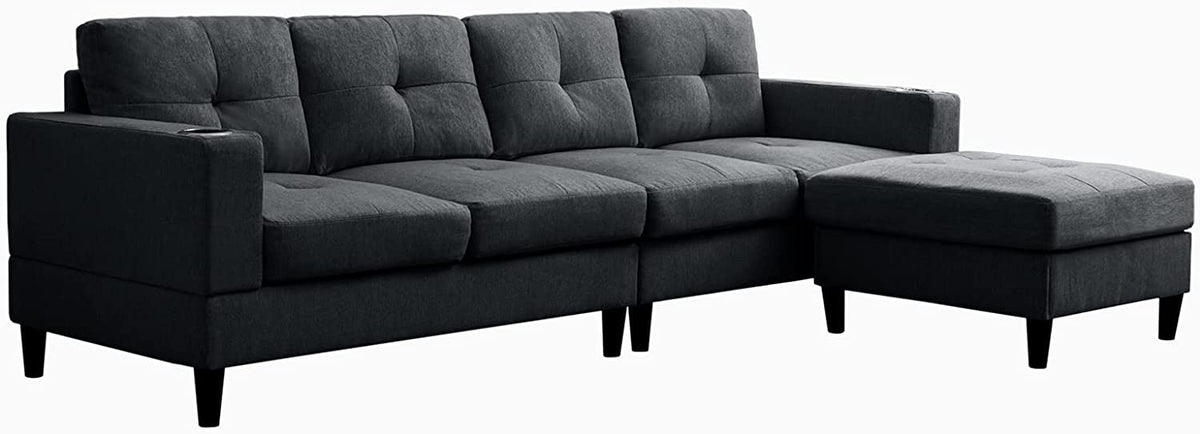 Reversible 4 Seat L-Shape Sectional Sofa with 2 Cup Holders, Dark Grey R586908