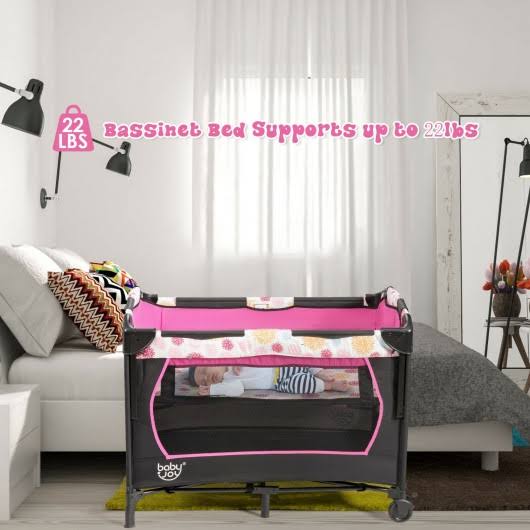 Pink Convertible Portable Baby Playard with Music Box Wheel and Brakes C84357