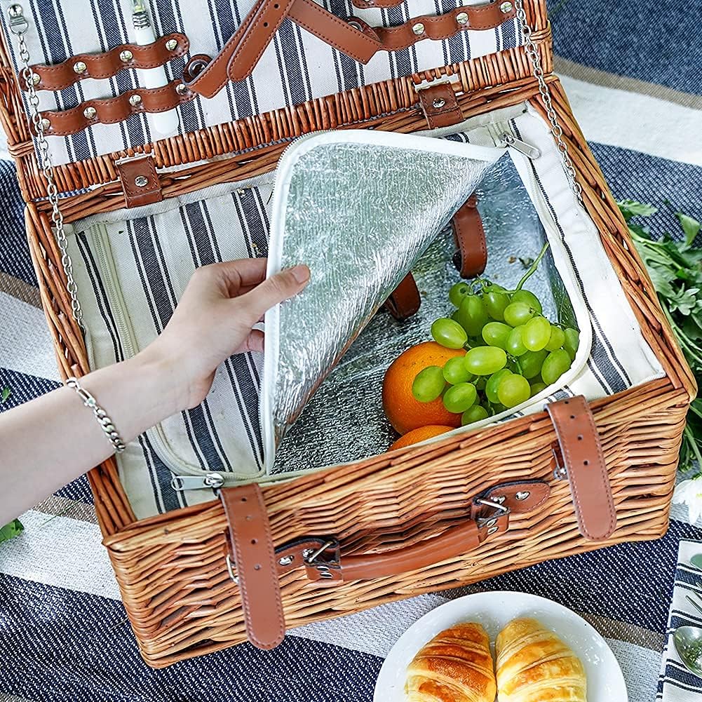 Wicker Picnic Basket Set with Insulated Cooler Bag and Cutlery Service Kit V663