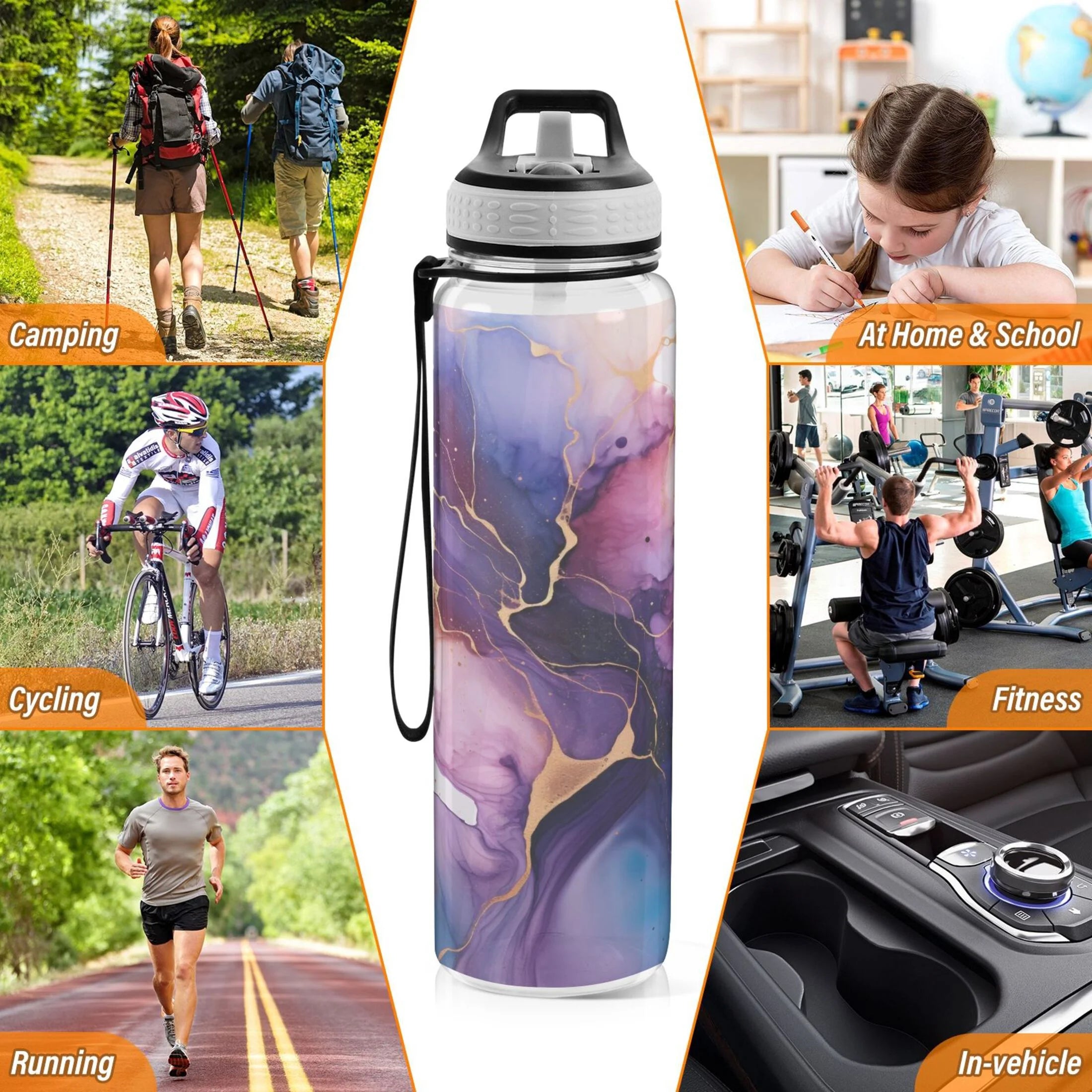 Purple and Blue Marble 32oz Tritan Leakproof Water Bottle with Straw A594