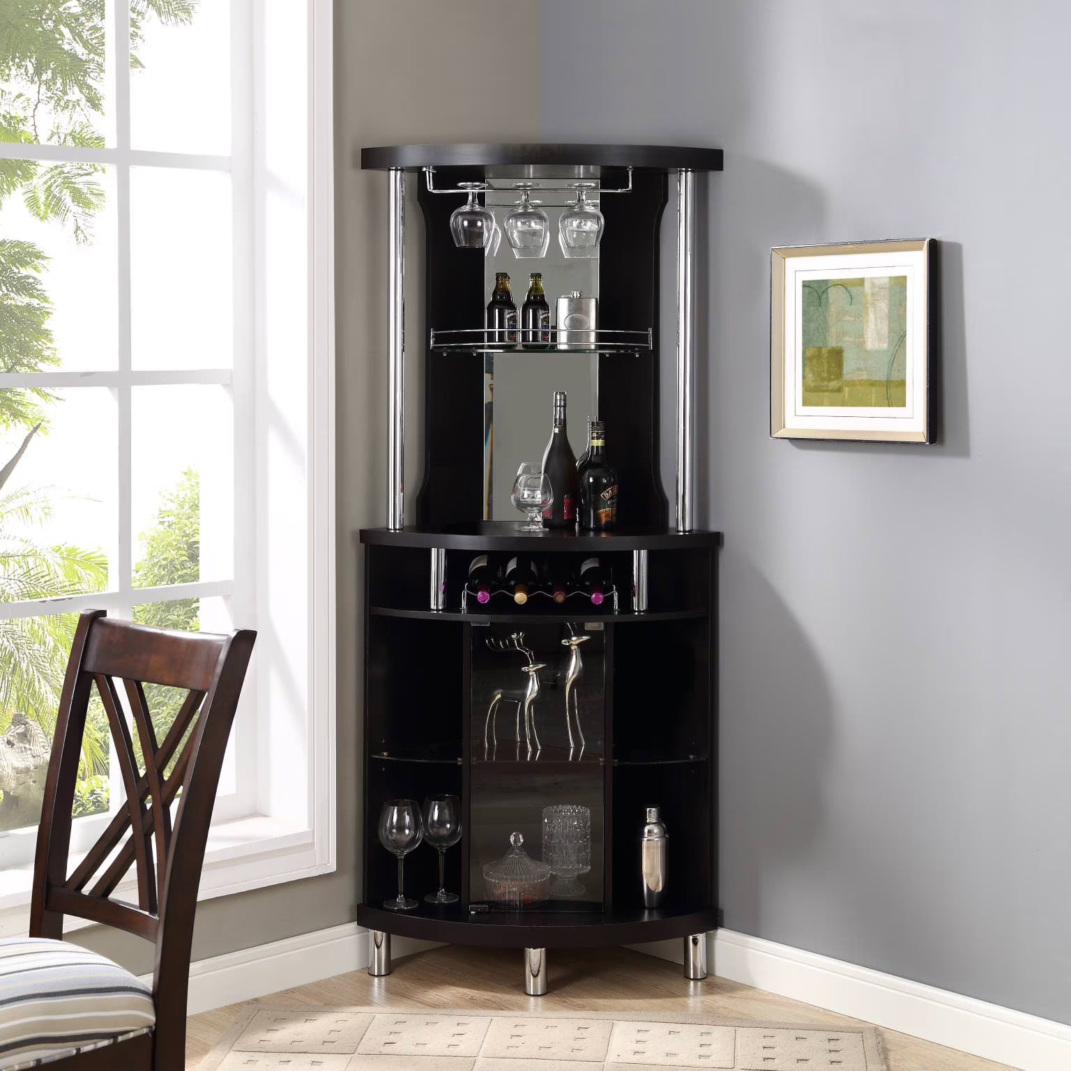 Black Corner Bar with Built-in Wine Rack and Lower Cabinet X956