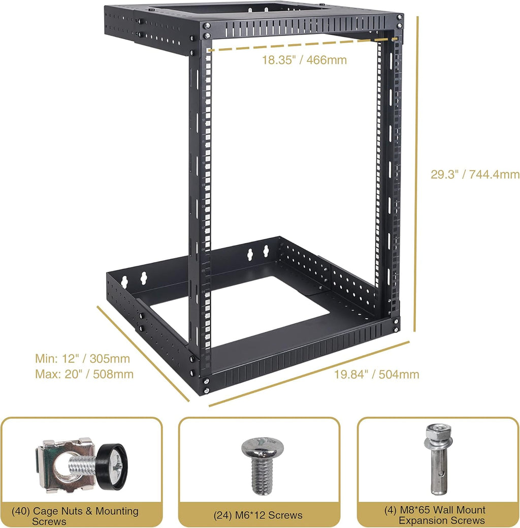 15U Wall-Mount Open Frame Server and Network Equipment Rack with Adjustable Depth 12"-20" D360