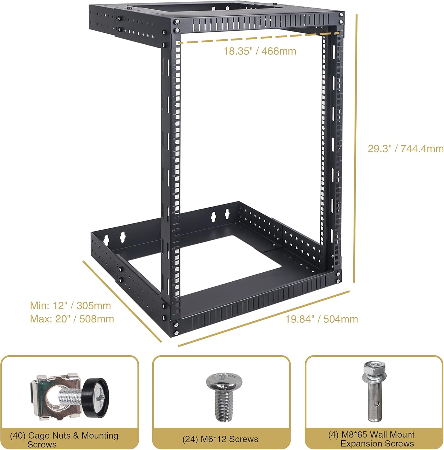 15U Wall-Mount Open Frame Server and Network Equipment Rack with Adjustable Depth 12"-20" D360