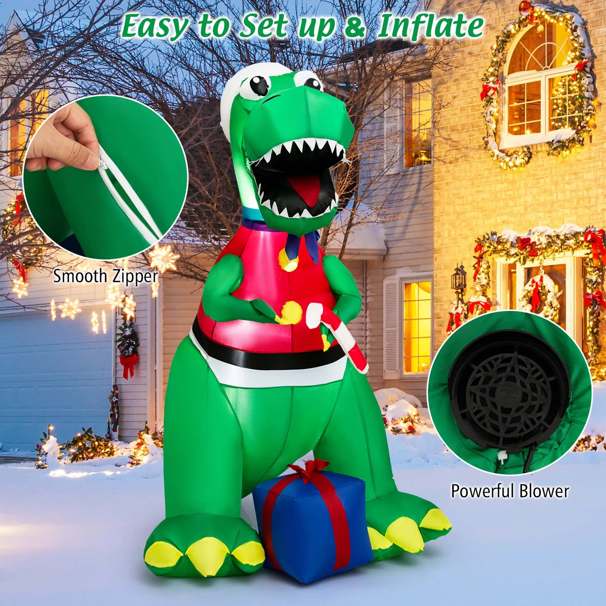 6FT Inflatable Christmas Dinosaur Decoration with LED Lights & Gift Box M74534