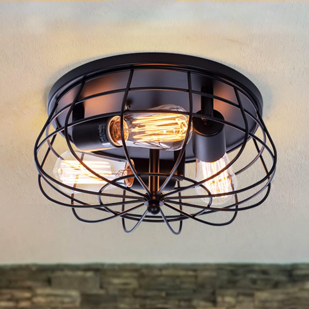 Industrial 3-Light Rustic Semi Flush Mount Ceiling Light with Metal Cage H230614