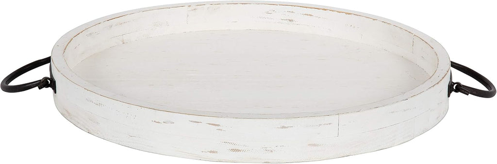 Round Wooden Decorative Tray with Black Metal Handles, Distressed Coastal White Finish, 18-inch Diameter N7711