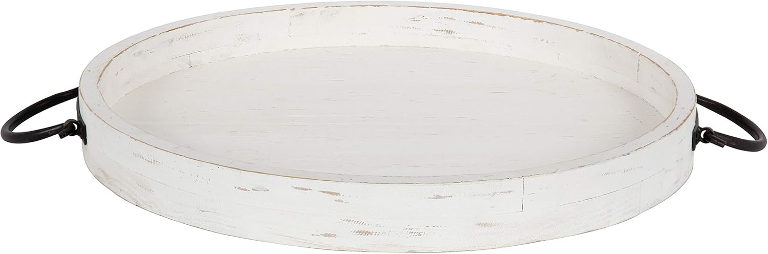 Round Wooden Decorative Tray with Black Metal Handles, Distressed Coastal White Finish, 18-inch Diameter N7711
