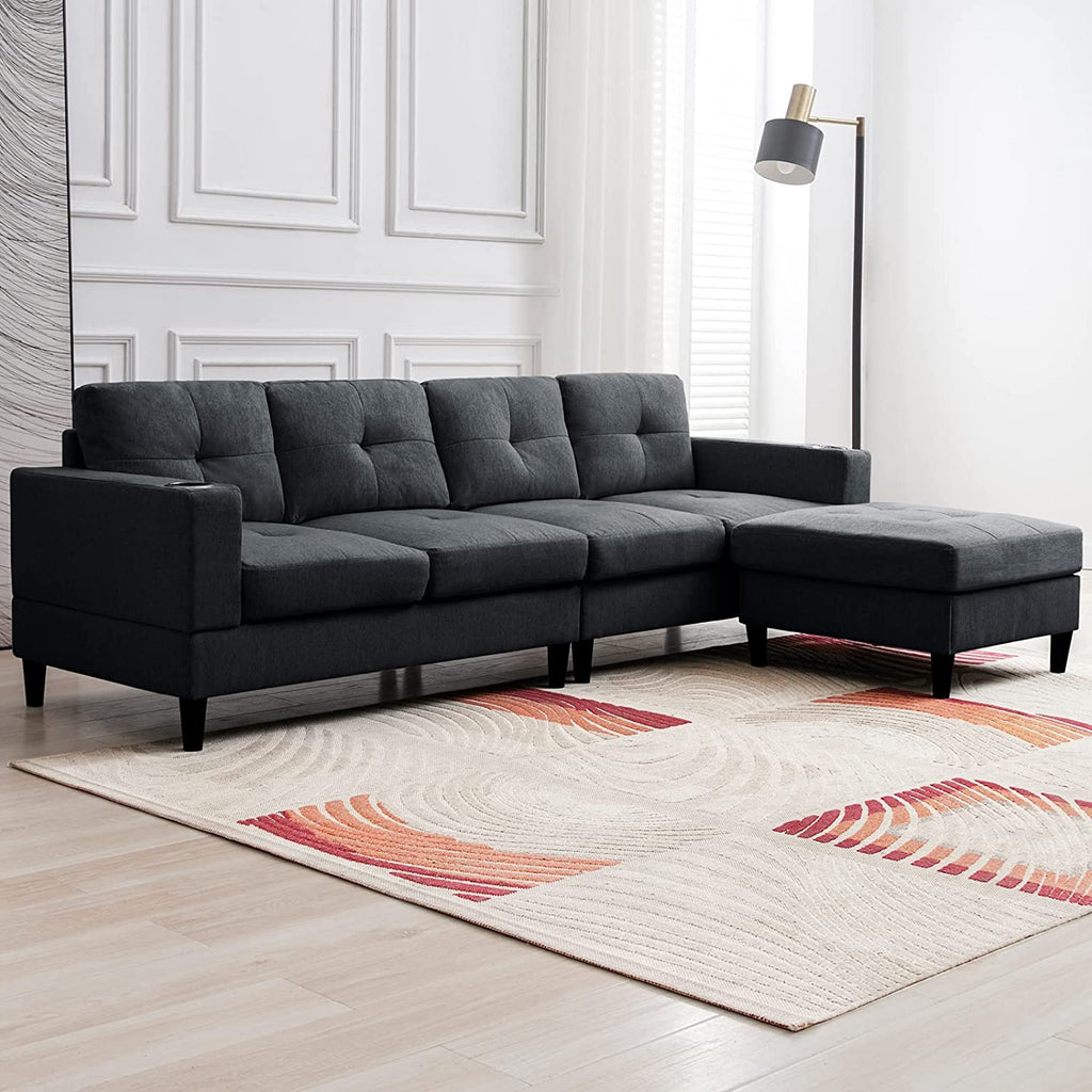 Reversible 4 Seat L-Shape Sectional Sofa with 2 Cup Holders, Dark Grey R586908
