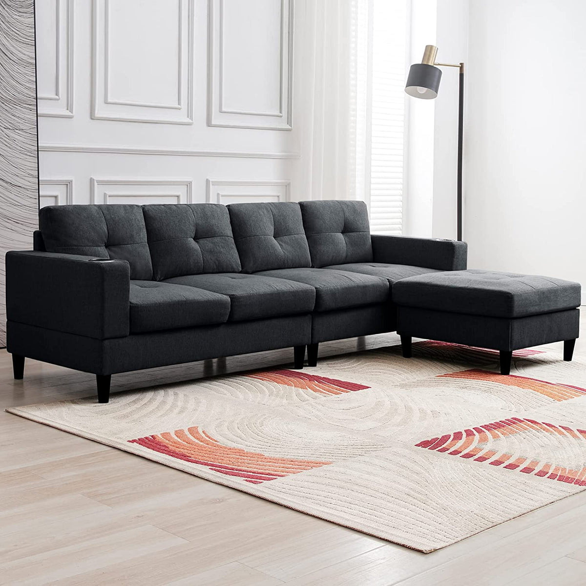 Reversible 4 Seat L-Shape Sectional Sofa with 2 Cup Holders, Dark Grey R586908