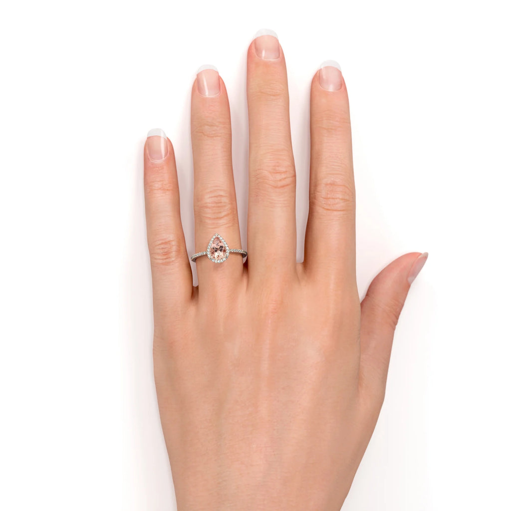 1.75 Carat Pear Cut Lab Created Morganite and Moissanite Halo Engagement Ring in 18K Rose Gold Plating over Silver H954297