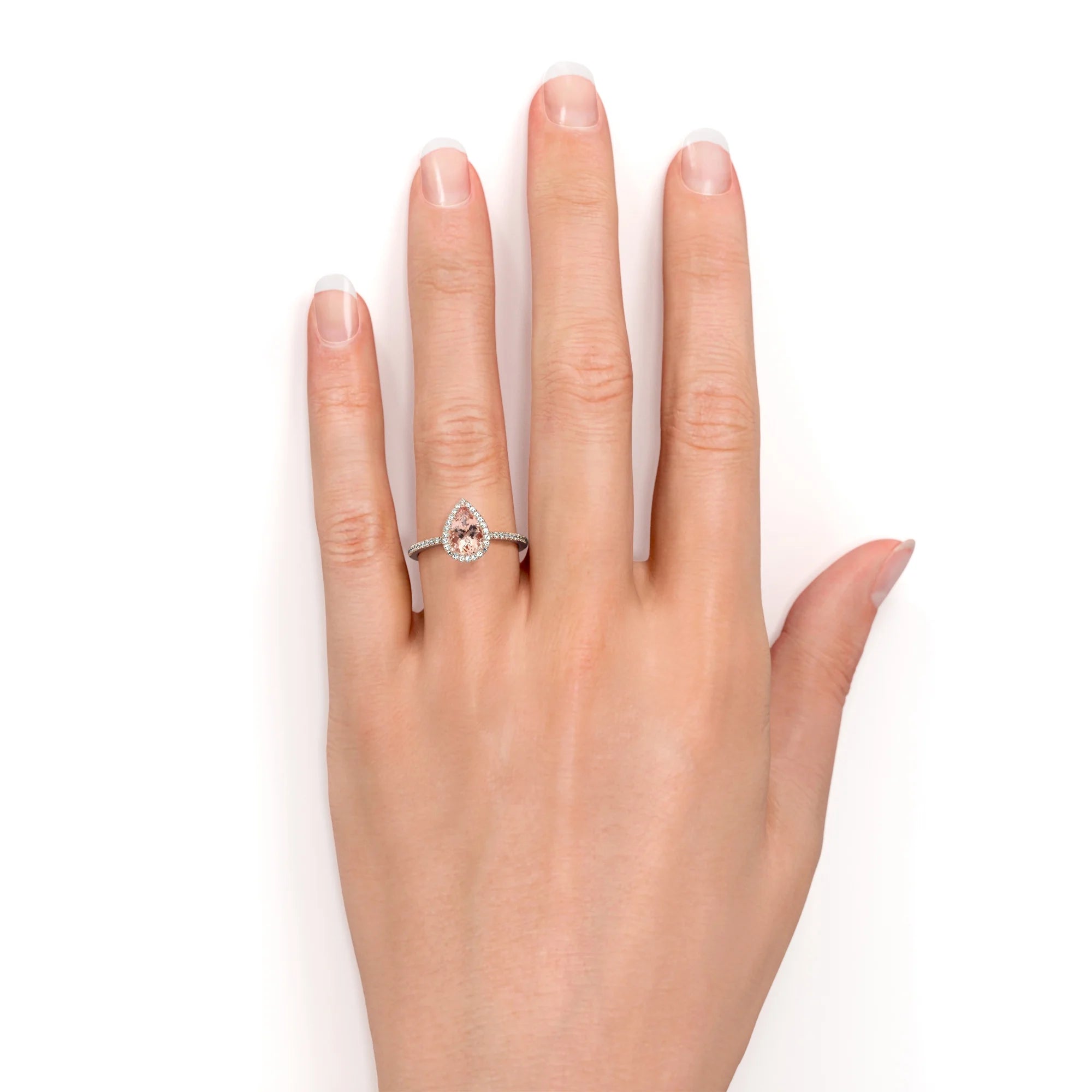 1.75 Carat Pear Cut Lab Created Morganite and Moissanite Halo Engagement Ring in 18K Rose Gold Plating over Silver H954297