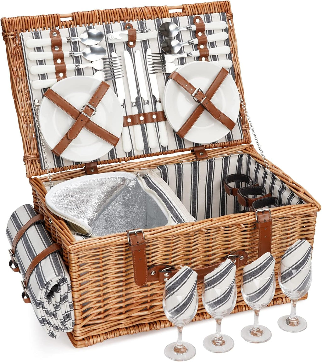 Wicker Picnic Basket Set with Insulated Cooler Bag and Cutlery Service Kit V663