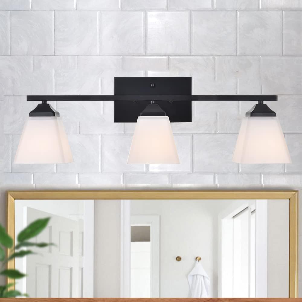 3 Light Black Bathroom Vanity Light Fixture with Opal White Glass Shade H6042