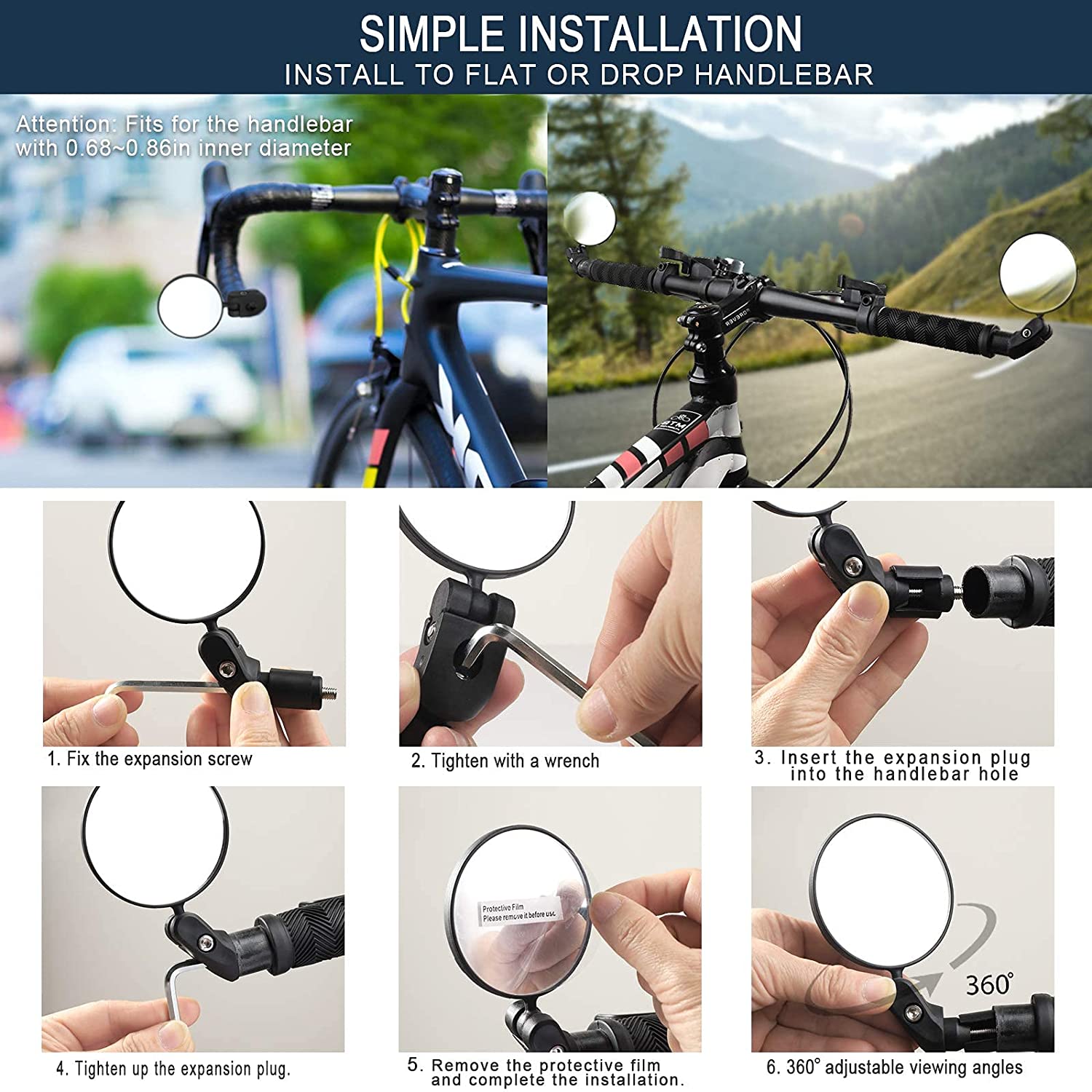 2Pcs Adjustable Bicycle Rear View Mirror H20727