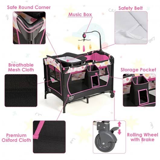 Pink Convertible Portable Baby Playard with Music Box Wheel and Brakes C84357