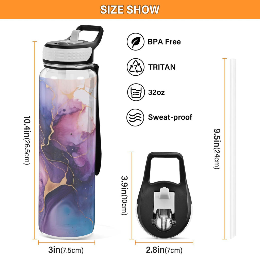 Purple and Blue Marble 32oz Tritan Leakproof Water Bottle with Straw A594