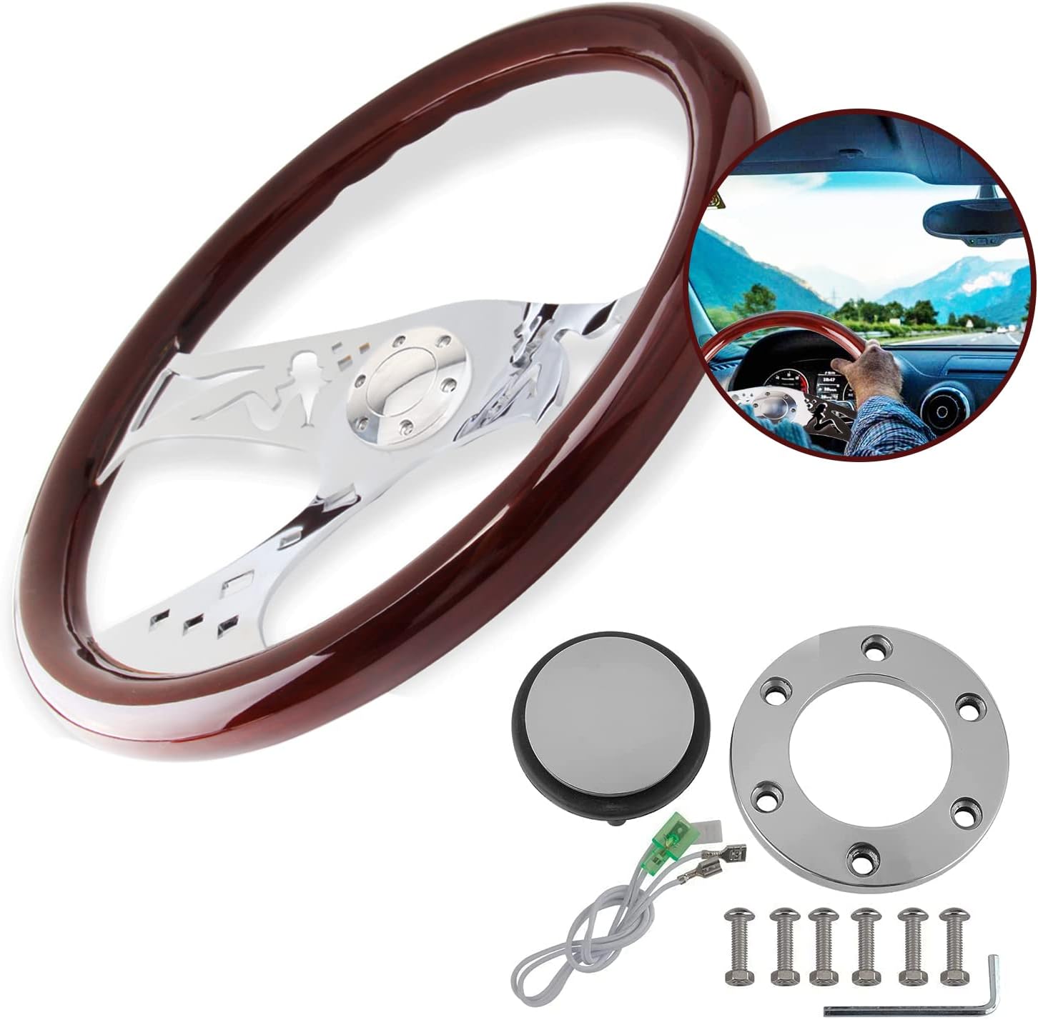 Classic Wood Grain Steering Wheel with Horn Button Kit M4794