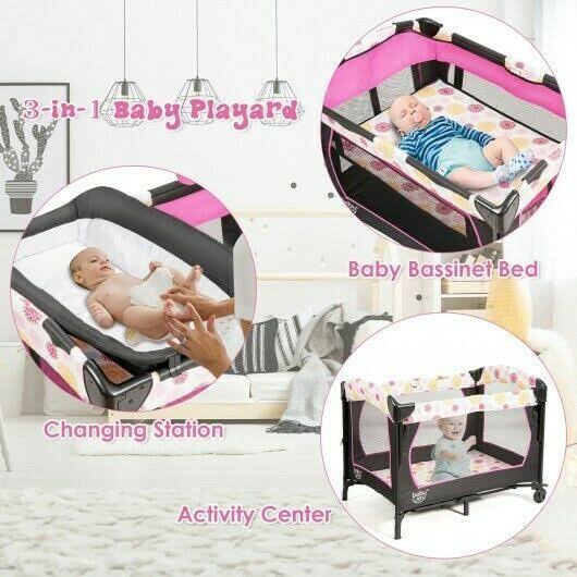 Pink Convertible Portable Baby Playard with Music Box Wheel and Brakes C84357