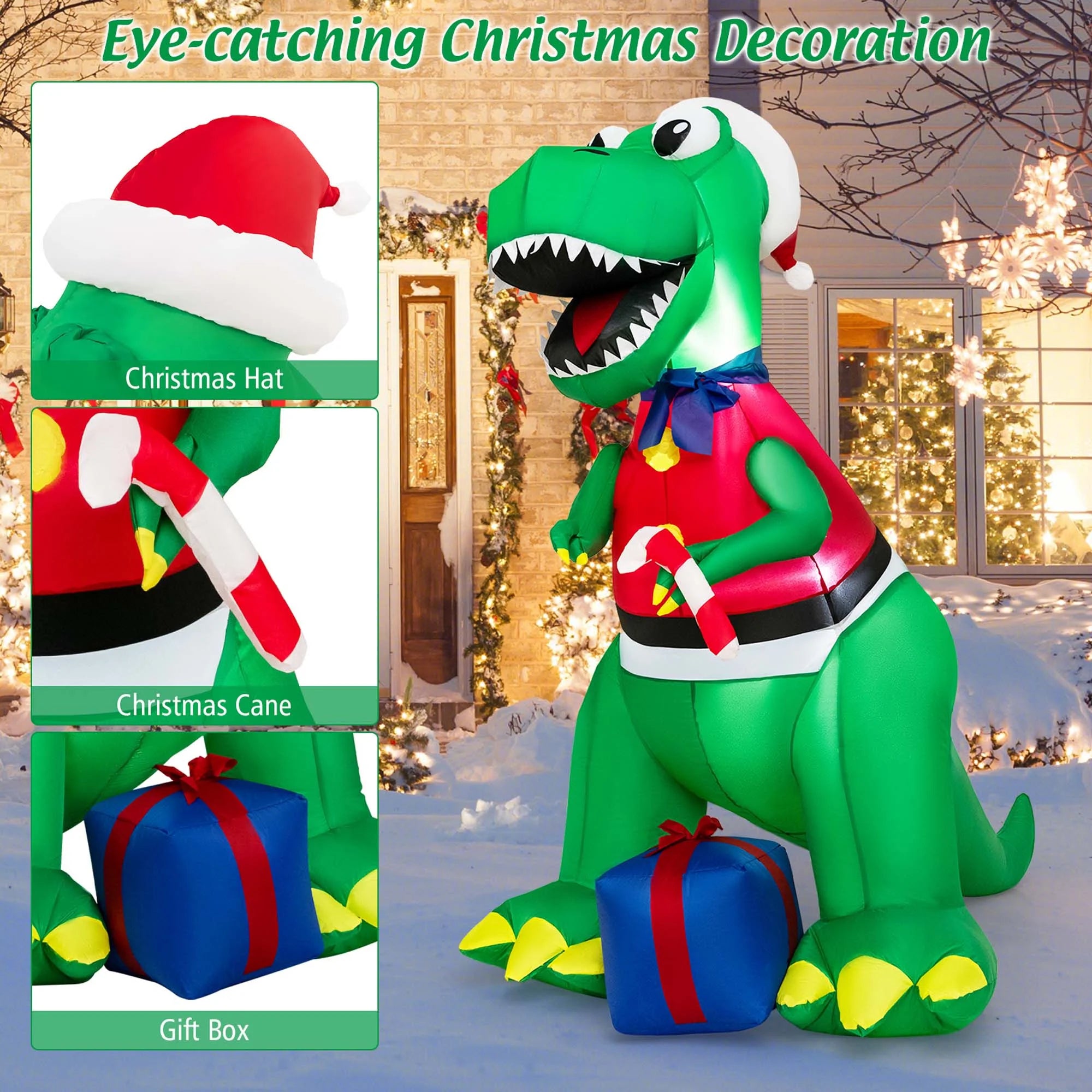 6FT Inflatable Christmas Dinosaur Decoration with LED Lights & Gift Box M74534