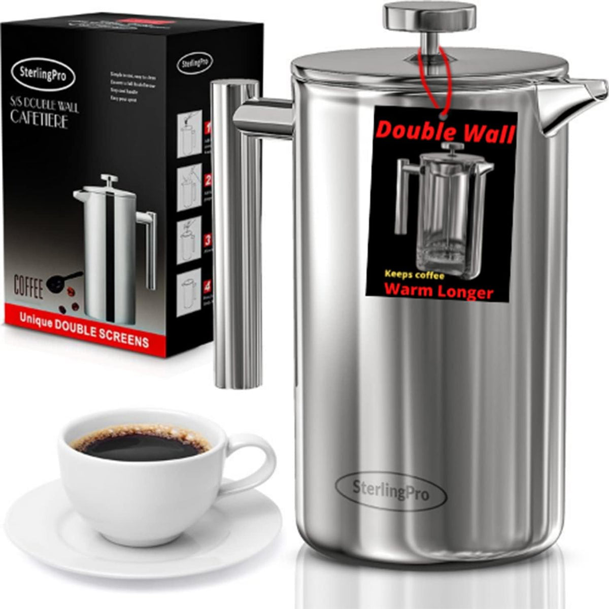 Stainless Steel French Press Coffee Maker 1.75L Pack of 2 K13589