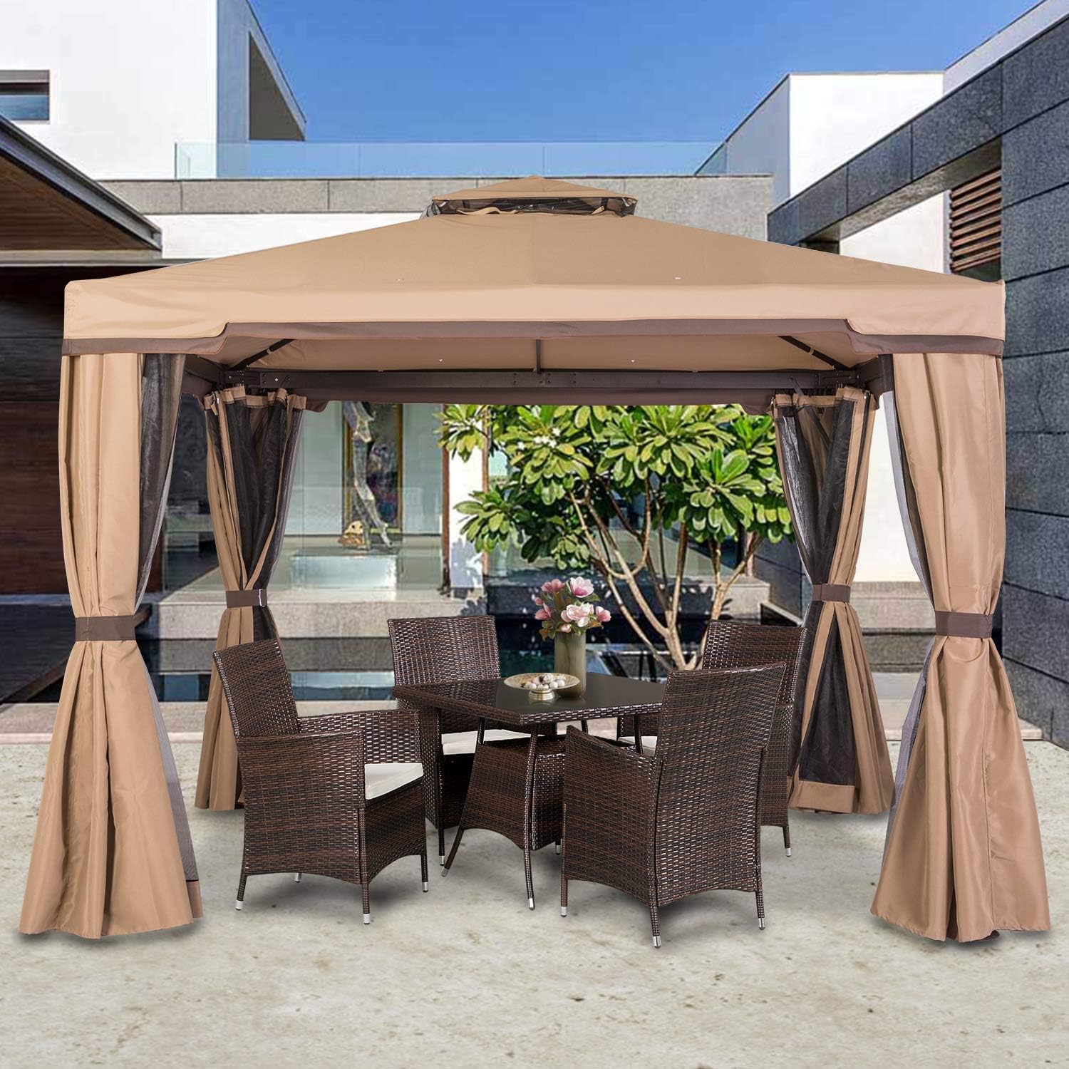 Beige 10 x 10 FT Outdoor Patio Gazebo with Mosquito Netting W12386