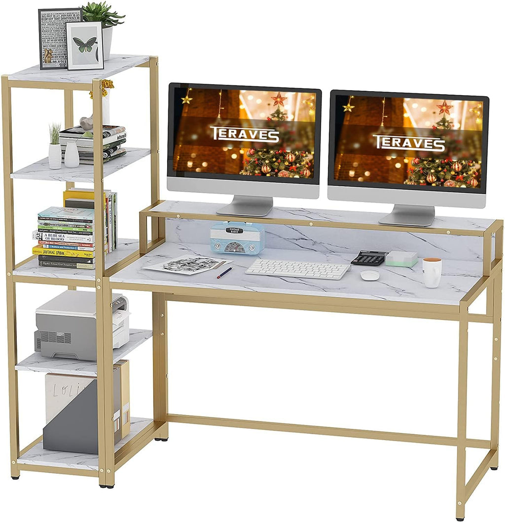 White Marbling Gold Frame 47 Inch Computer Desk with 5 Tier Shelves M879
