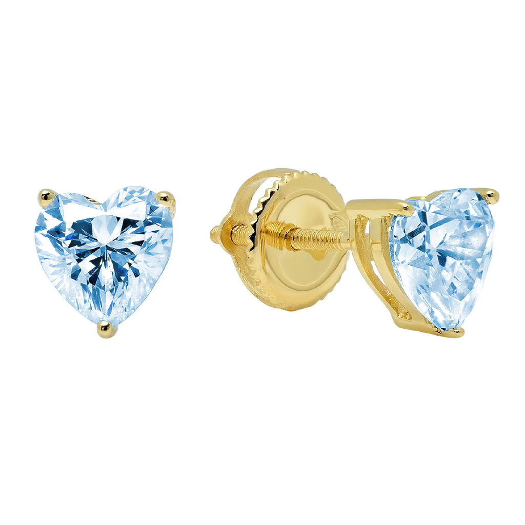 1 ct Heart Cut Blue Simulated Diamond Stud Earrings, Solid 18K Yellow Gold, Screw back J1436