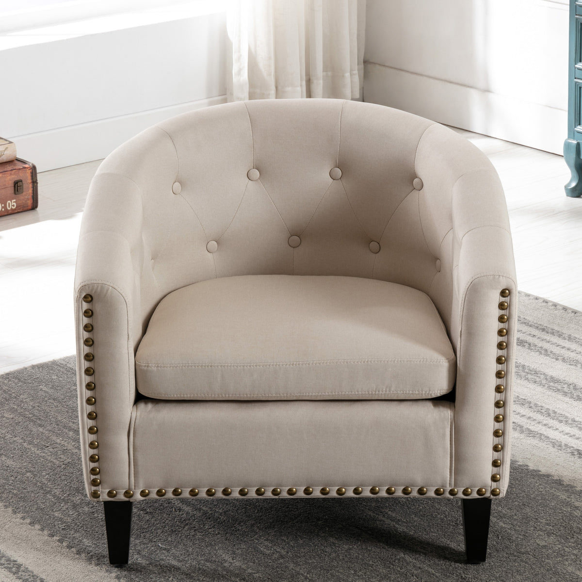 Tan Button Tufted Linen Accent Chair F408900
